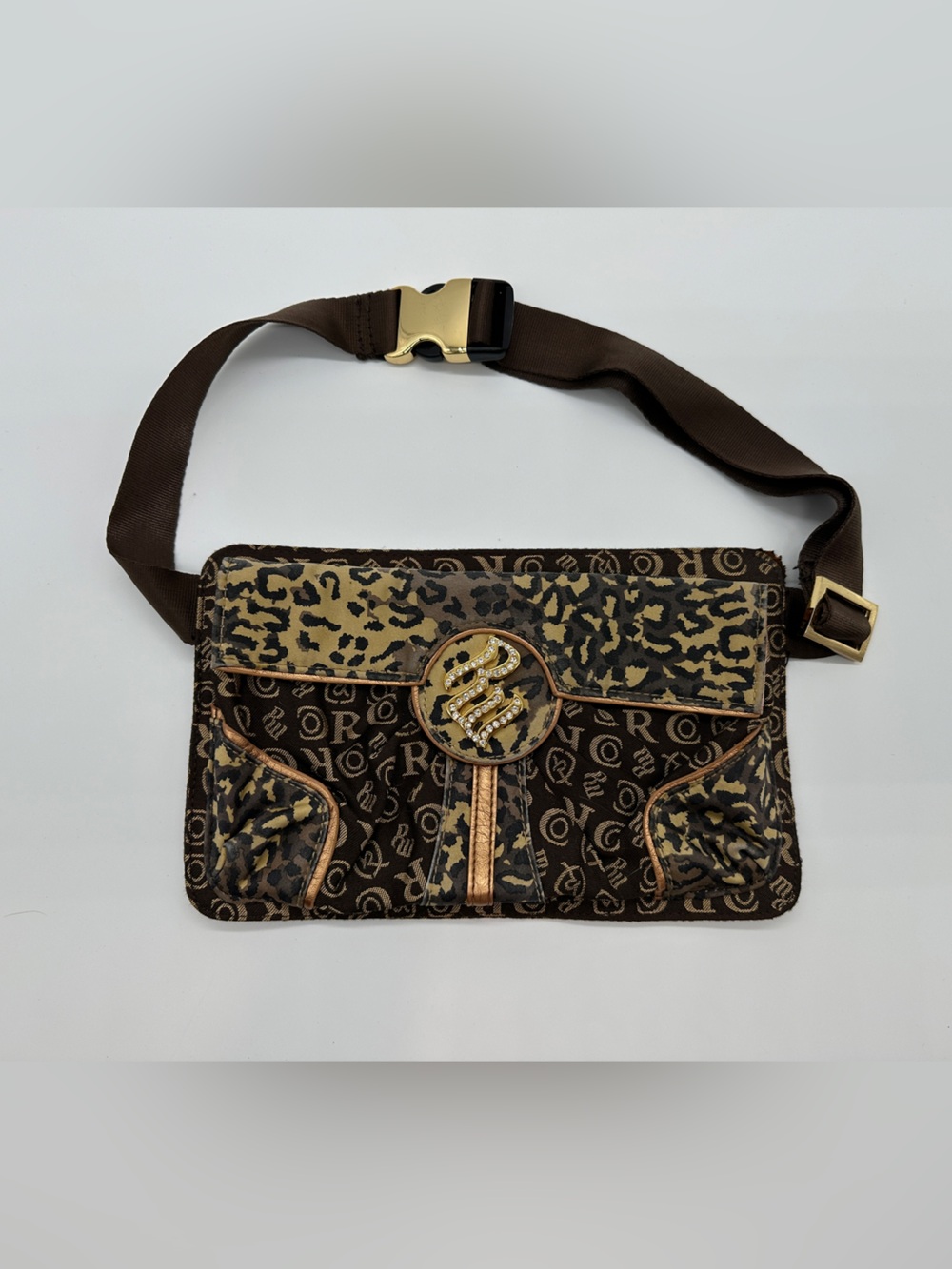 Rocawear Y2K Brown and Tan Leopard Logo belt waist Bag